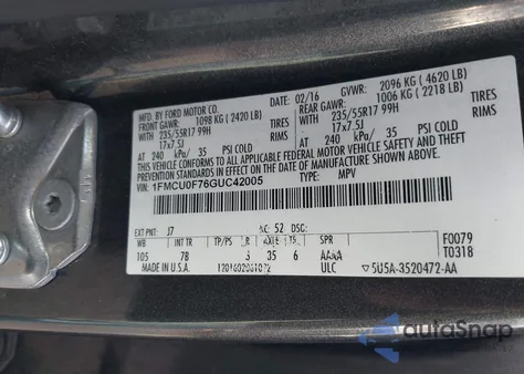 2016 Ford Escape S z USA, uszkodzony, nr VIN 1FMCU0F76GUC42005